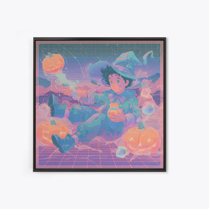 The Moonbeam Wizard, 80s Halloween Wall Art, Square Wall Art, Canvas Print, Retro Halloween Decor, Neon Wall Art, Collectible Wall Decor