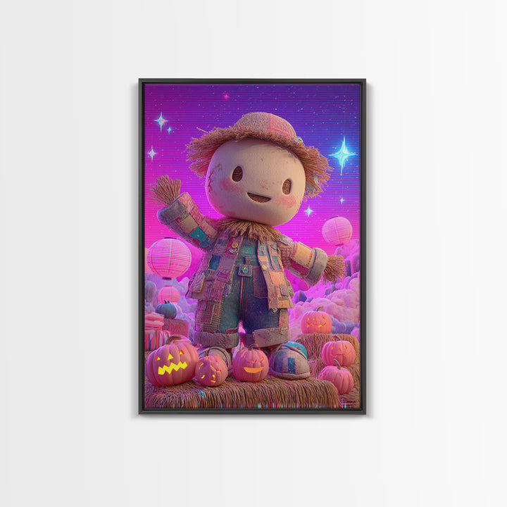 The Button-Nosed Scarecrow, Retro Neon Halloween Art, Vertical Wall Art, Framed Canvas Print, Retro Halloween Decor, Neon Wall Art