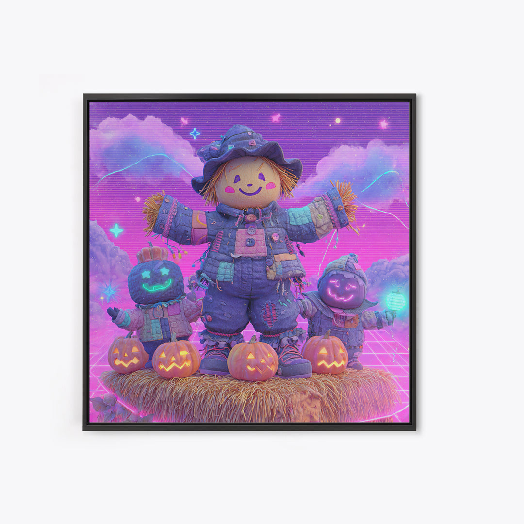 The Button-Nosed Scarecrow, Vaporwave Halloween Decor, Square Wall Art, Canvas Print, Retro Halloween Decor, Neon Wall Art, Macabre Wall Art