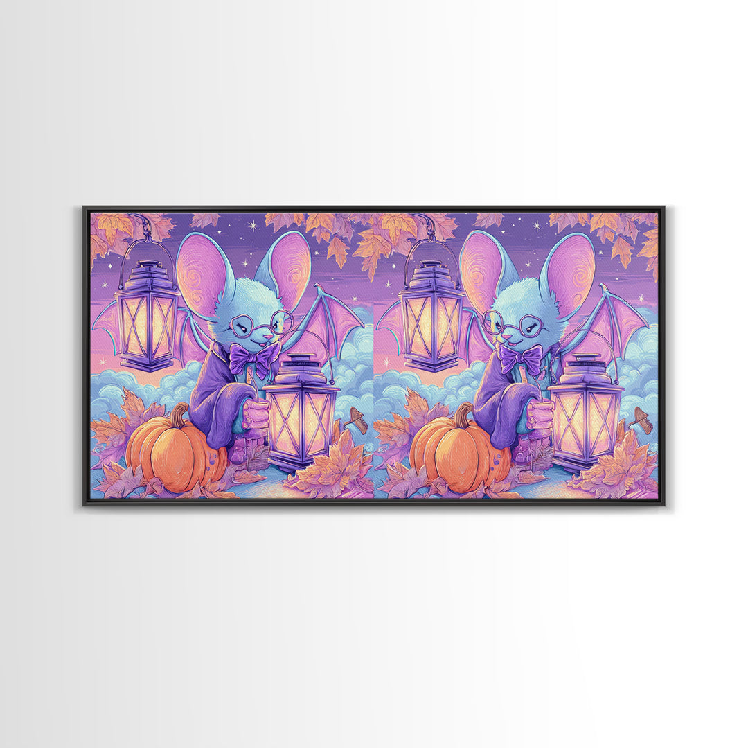 The Bow-Tie Bat, Vaporwave Halloween Decor, Wide Panoramic Art, Framed Canvas Print, Retro Halloween Decor, Neon Wall Art