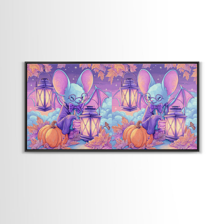 The Bow-Tie Bat, Vaporwave Halloween Decor, Wide Panoramic Art, Framed Canvas Print, Retro Halloween Decor, Neon Wall Art