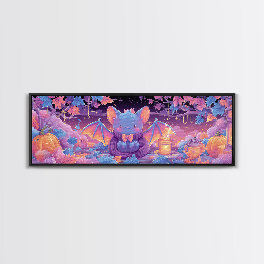 The Bow-Tie Bat, Cute Spooky Neon Art, Extra Wide Wall Art, Canvas Print, Retro Halloween Decor, Neon Wall Art, Dark Fantasy Art