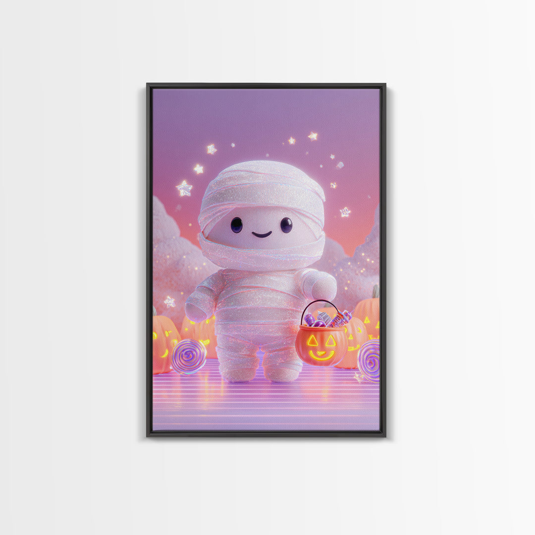 The Shy Little Mummy, Cute Spooky Neon Art, Vertical Wall Art, Framed Canvas Print, Retro Halloween Decor, Neon Wall Art