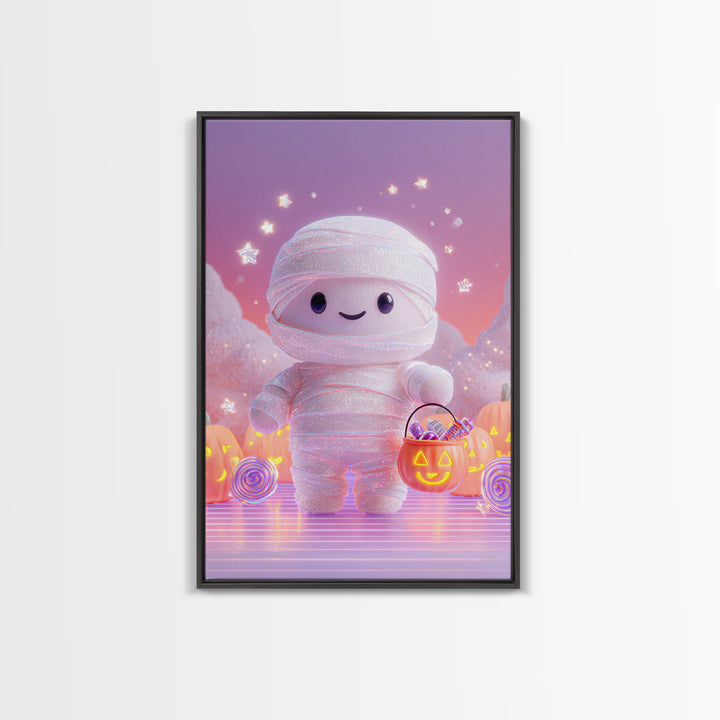 The Shy Little Mummy, Cute Spooky Neon Art, Vertical Wall Art, Framed Canvas Print, Retro Halloween Decor, Neon Wall Art
