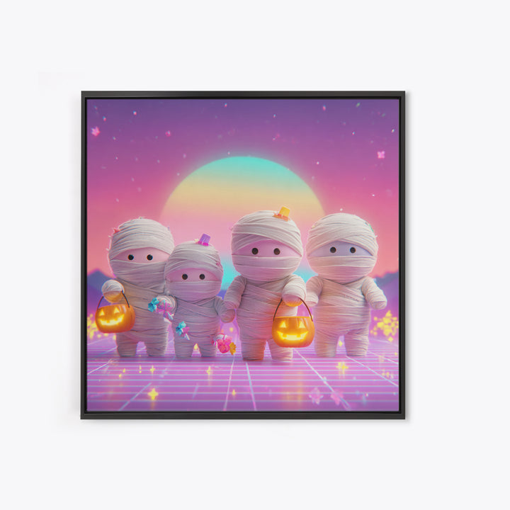 The Shy Little Mummy, Retro Neon Halloween Art, Square Wall Art, Canvas Print, Retro Halloween Decor, Neon Wall Art, Seasonal Home Decor