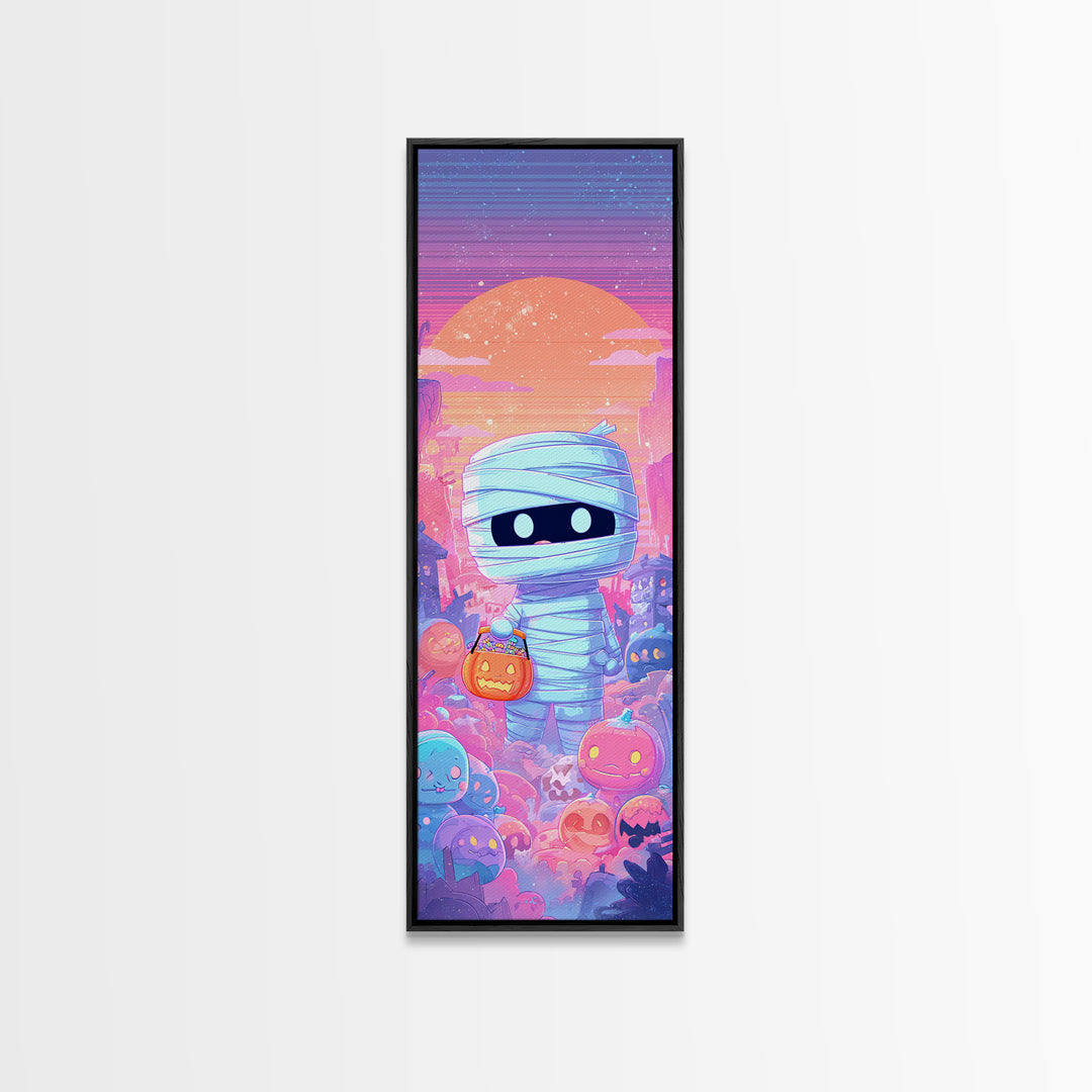 The Shy Little Mummy, Synthwave Halloween Art, Tall Narrow Wall Art, Canvas Print, Retro Halloween Decor, Neon Wall Art