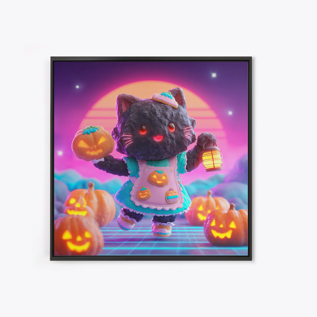 The Black Cat Baker, Vaporwave Halloween Decor, Square Wall Art, Framed Canvas Print, Retro Halloween Decor, Neon Wall Art, Horror Wall Art