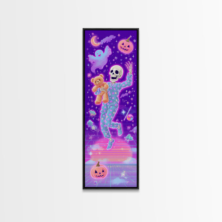 The Pajama Skeleton, Vaporwave Halloween Decor, Tall Narrow Wall Art, Framed Canvas Print, Retro Halloween Decor, Neon Wall Art