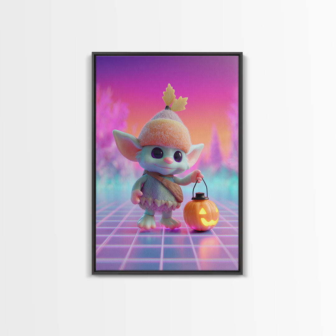 The Acorn Goblin, Cute Spooky Neon Art, Vertical Wall Art, Framed Canvas Print, Retro Halloween Decor, Neon Wall Art, Spooky Wall Decor