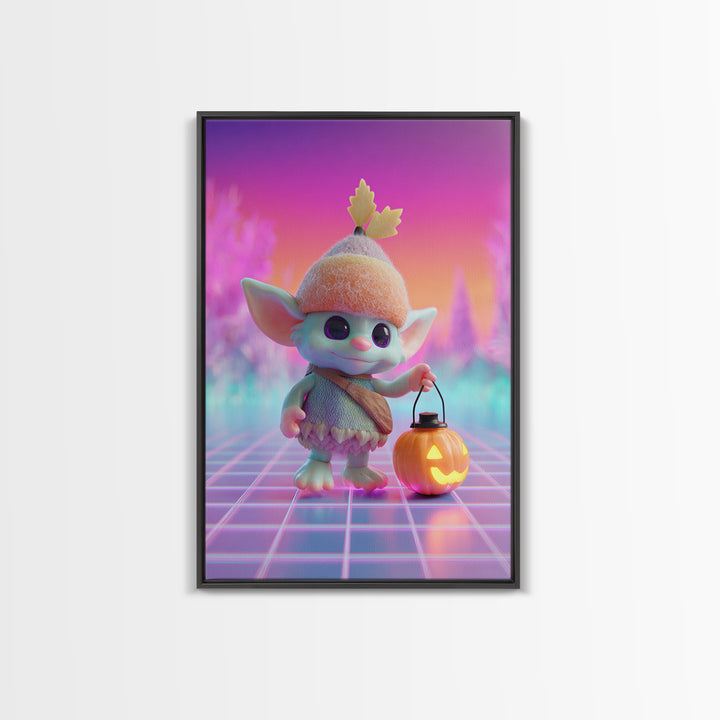 The Acorn Goblin, Cute Spooky Neon Art, Vertical Wall Art, Framed Canvas Print, Retro Halloween Decor, Neon Wall Art, Spooky Wall Decor