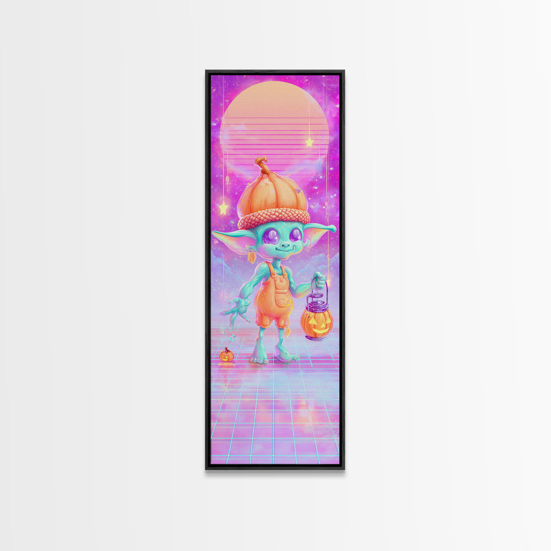 The Acorn Goblin, 80s Halloween Wall Art, Tall Narrow Wall Art, Framed Canvas Print, Retro Halloween Decor, Neon Wall Art, Macabre Wall Art