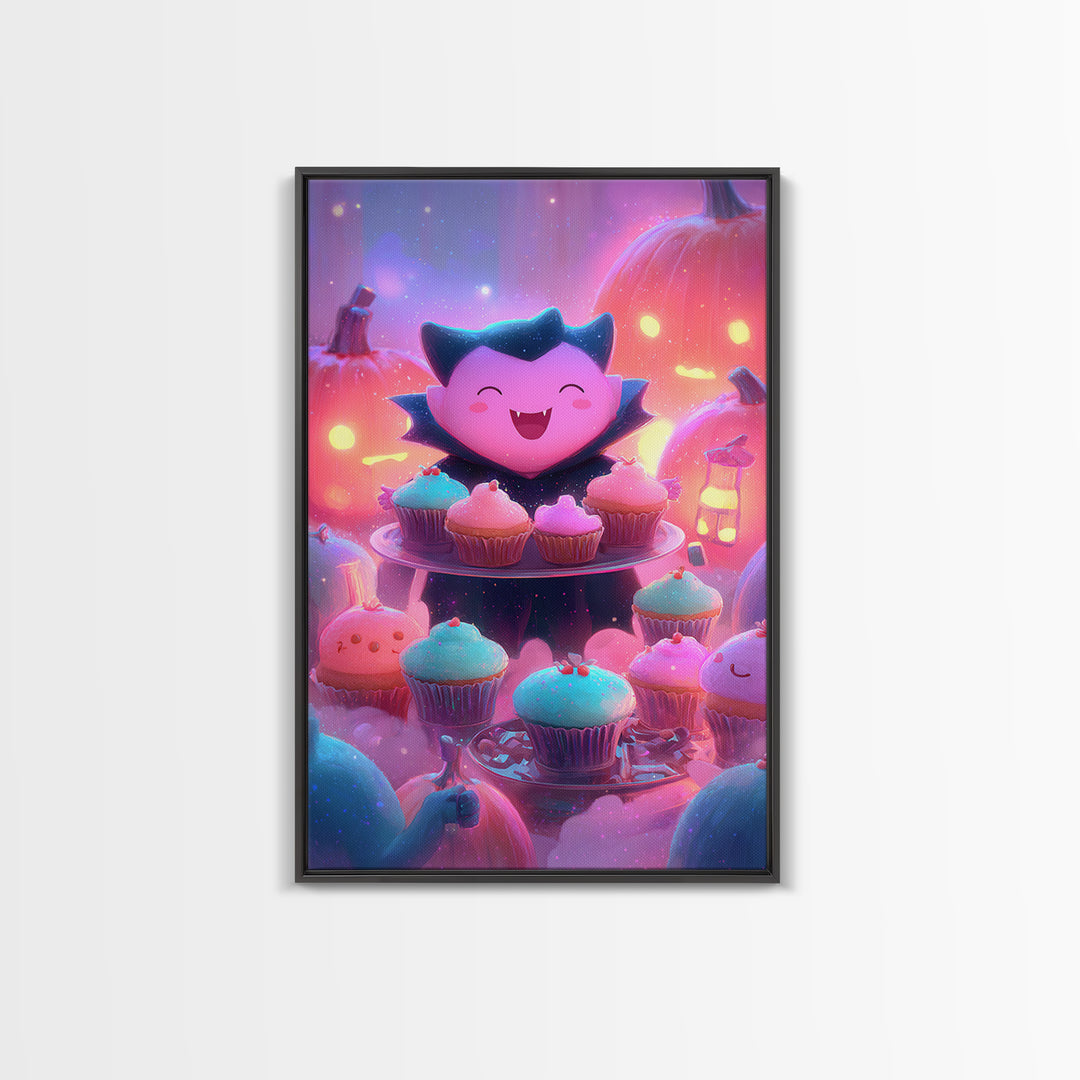 The Cupcake Vampire, Vaporwave Halloween Decor, Vertical Wall Art, Framed Canvas Print, Retro Halloween Decor, Neon Wall Art