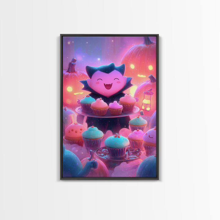 The Cupcake Vampire, Vaporwave Halloween Decor, Vertical Wall Art, Framed Canvas Print, Retro Halloween Decor, Neon Wall Art