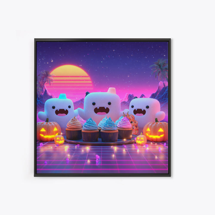 The Cupcake Vampire, Synthwave Halloween Art, Square Wall Art, Framed Canvas Print, Retro Halloween Decor, Neon Wall Art, Horror Wall Art