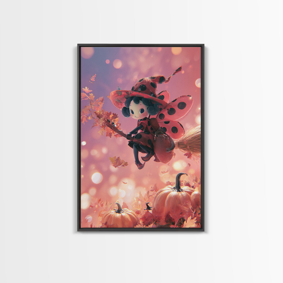 The Ladybug Witch, 80s Halloween Wall Art, Vertical Wall Art, Framed Canvas Print, Retro Halloween Decor, Neon Wall Art