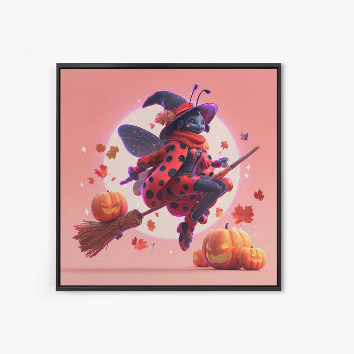 The Ladybug Witch, Retro Neon Halloween Art, Square Wall Art, Canvas Print, Retro Halloween Decor, Neon Wall Art, Halloween Wall Art