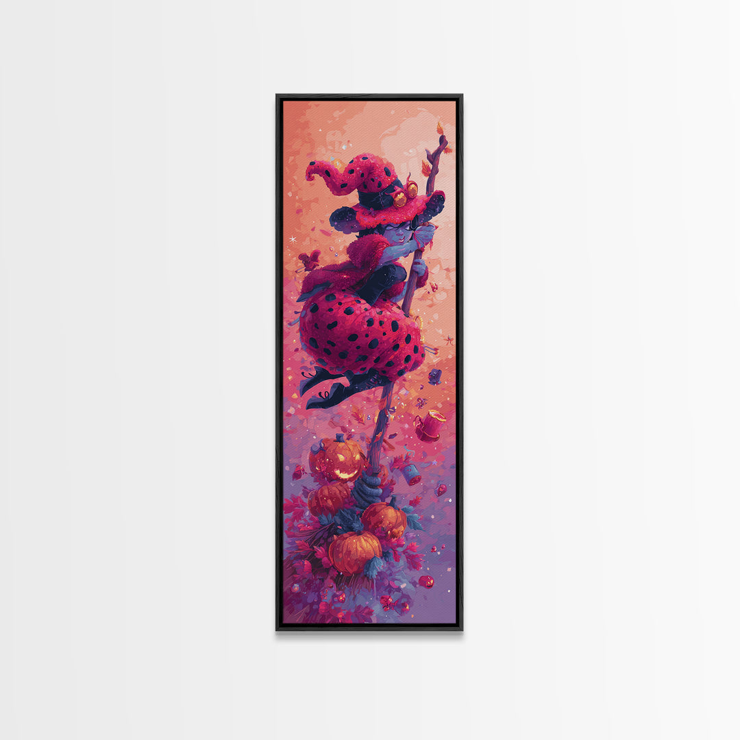 The Ladybug Witch, Retro Neon Halloween Art, Tall Narrow Wall Art, Canvas Print, Retro Halloween Decor, Neon Wall Art, Statement Wall Art