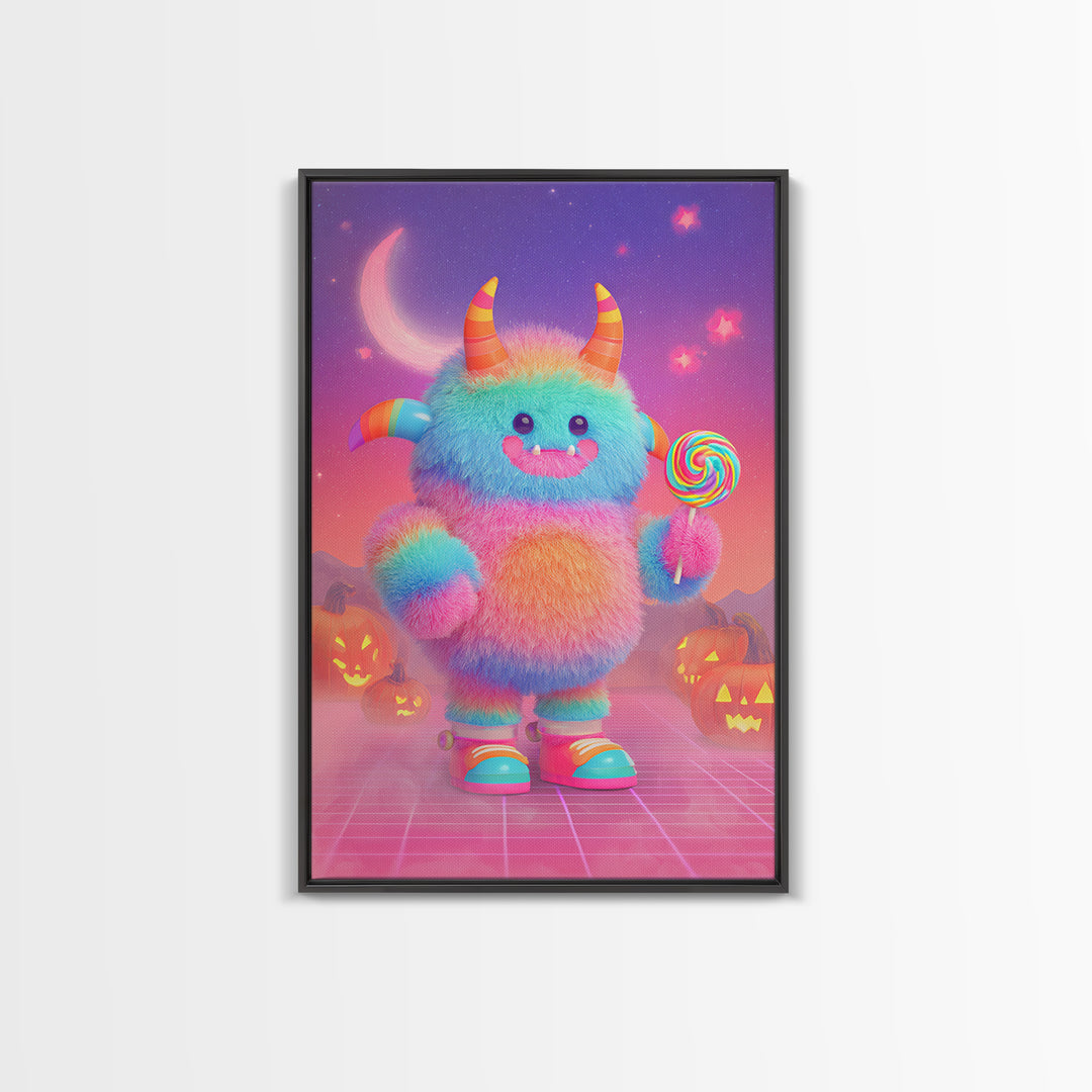 The Rainbow Monster, Vaporwave Halloween Decor, Vertical Wall Art, Canvas Print, Retro Halloween Decor, Neon Wall Art, Dark Fantasy Art