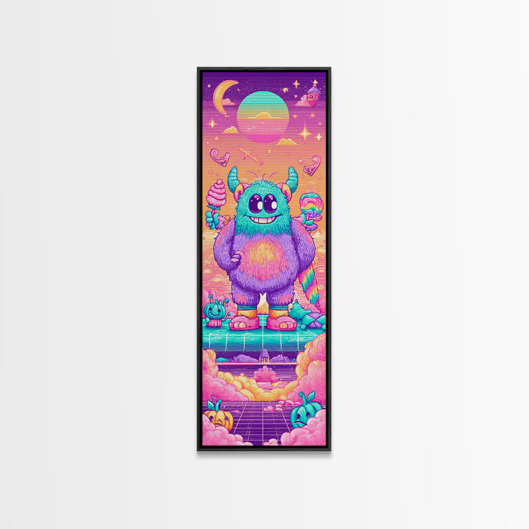 The Rainbow Monster, Synthwave Halloween Art, Tall Narrow Wall Art, Canvas Print, Retro Halloween Decor, Neon Wall Art, Horror Wall Art