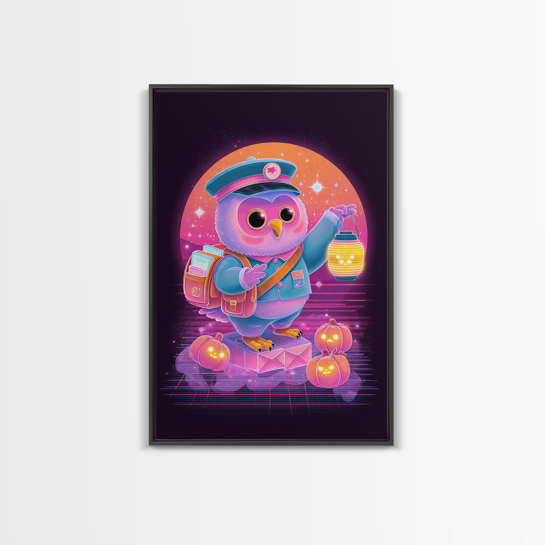 The Owl Postmaster, Cute Spooky Neon Art, Vertical Wall Art, Framed Canvas Print, Retro Halloween Decor, Neon Wall Art, Halloween Wall Art