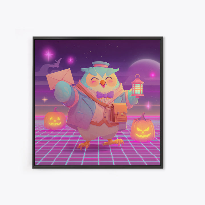 The Owl Postmaster, Retro Neon Halloween Art, Square Wall Art, Framed Canvas Print, Retro Halloween Decor, Neon Wall Art, Halloween Wall Art