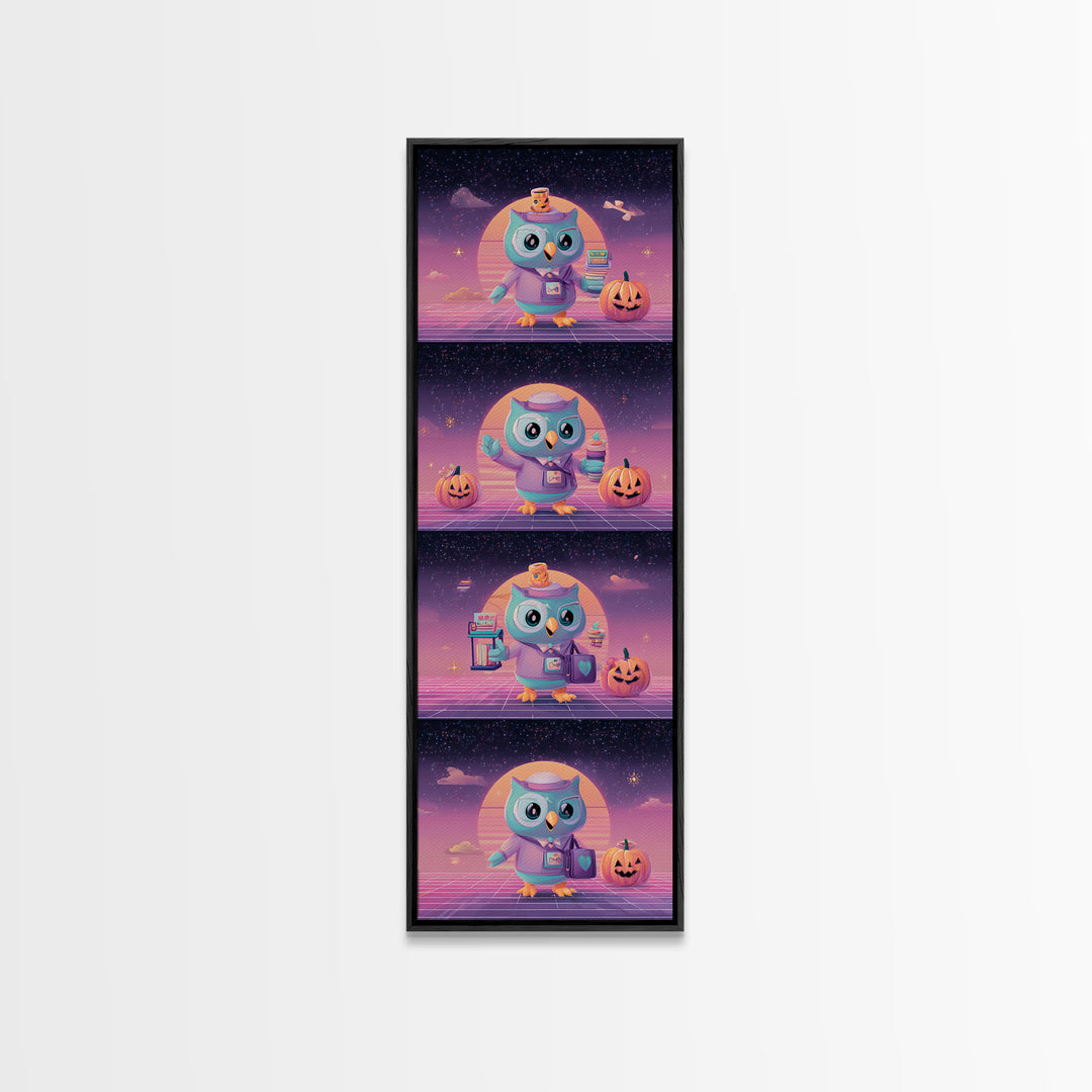 The Owl Postmaster, Vaporwave Halloween Decor, Tall Narrow Wall Art, Framed Canvas Print, Retro Halloween Decor, Neon Wall Art