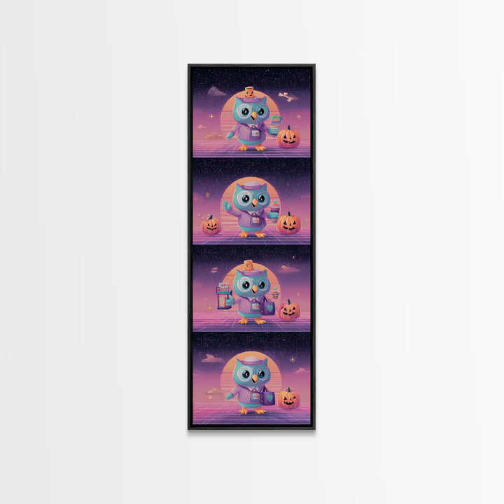 The Owl Postmaster, Vaporwave Halloween Decor, Tall Narrow Wall Art, Framed Canvas Print, Retro Halloween Decor, Neon Wall Art