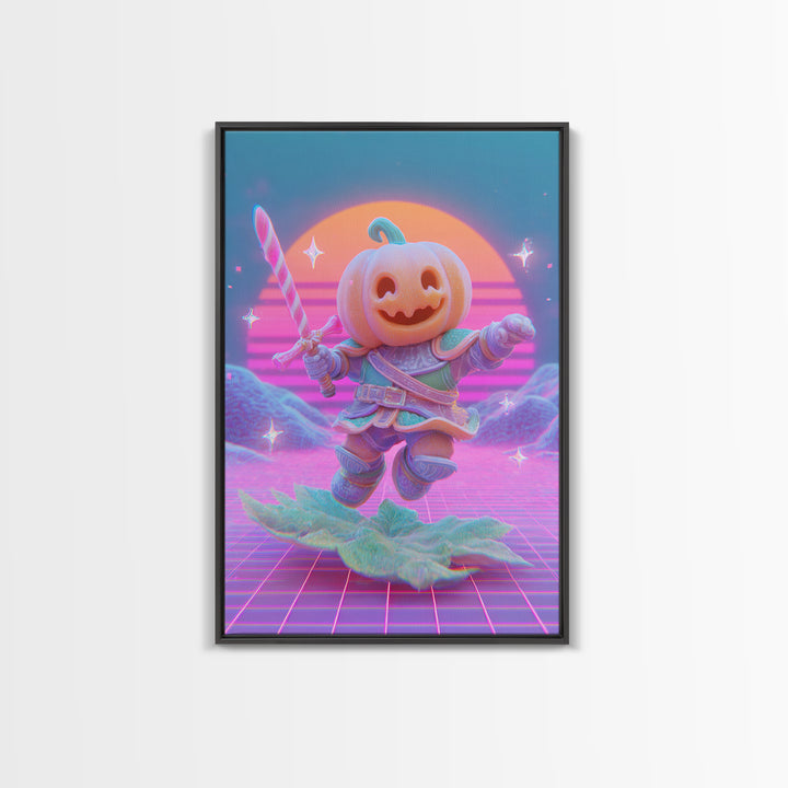The Pumpkin Knight, 80s Halloween Wall Art, Vertical Wall Art, Framed Canvas Print, Retro Halloween Decor, Neon Wall Art, Horror Wall Art