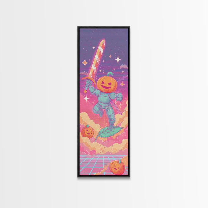 The Pumpkin Knight, Cute Spooky Neon Art, Tall Narrow Wall Art, Canvas Print, Retro Halloween Decor, Neon Wall Art, Dark Fantasy Art