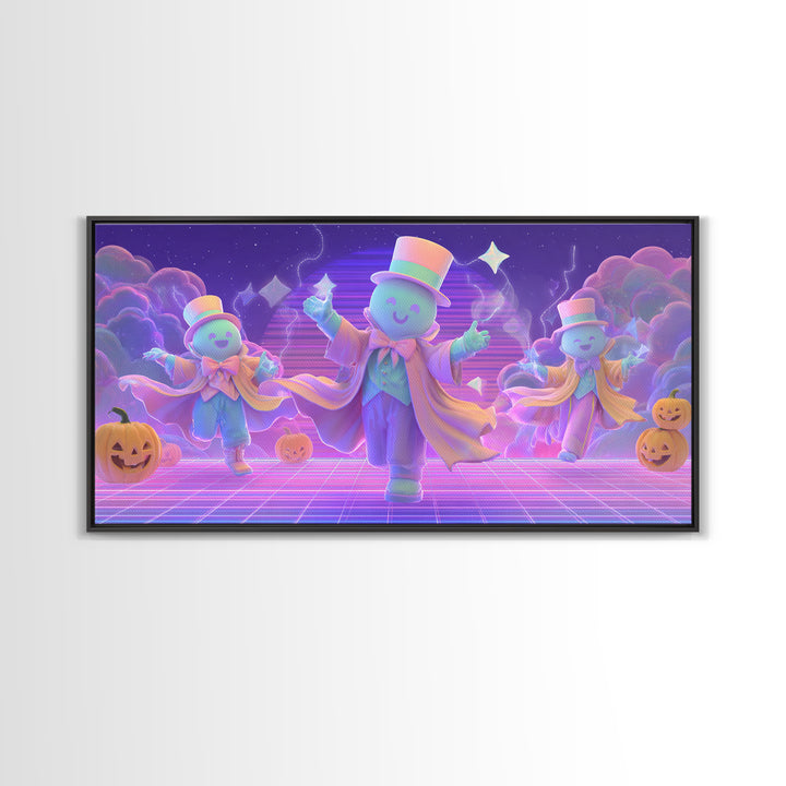 The Star-Cape Magician, Synthwave Halloween Art, Wide Panoramic Art, Framed Canvas Print, Retro Halloween Decor, Neon Wall Art