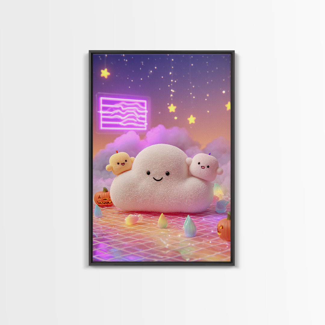 The Cloud Ghost, Retro Neon Halloween Art, Vertical Wall Art, Canvas Print, Retro Halloween Decor, Neon Wall Art, Seasonal Home Decor