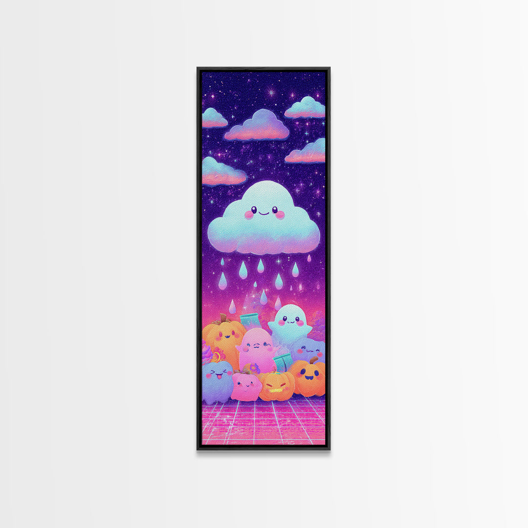The Cloud Ghost, Synthwave Halloween Art, Tall Narrow Wall Art, Framed Canvas Print, Retro Halloween Decor, Neon Wall Art