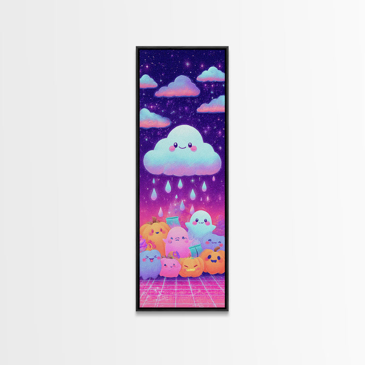 The Cloud Ghost, Synthwave Halloween Art, Tall Narrow Wall Art, Framed Canvas Print, Retro Halloween Decor, Neon Wall Art