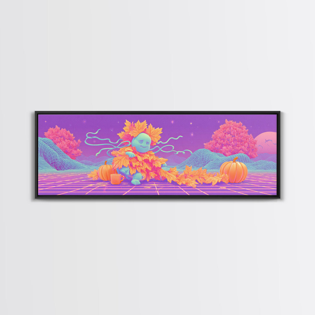 The Autumn Leaf Sprite, Retro Neon Halloween Art, Extra Wide Wall Art, Framed Canvas Print, Retro Halloween Decor, Neon Wall Art