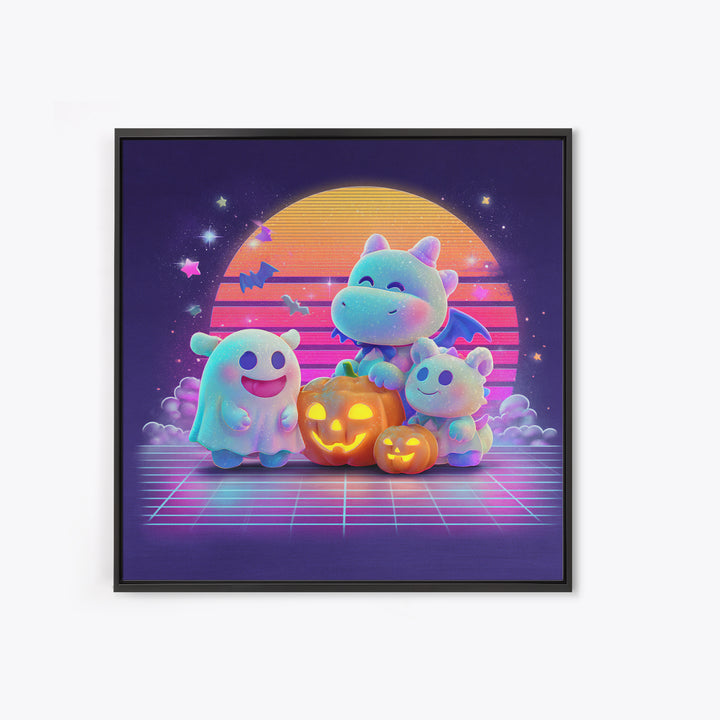 The Sleepy Costume Dragon, Vaporwave Halloween Decor, Square Wall Art, Canvas Print, Retro Halloween Decor, Neon Wall Art