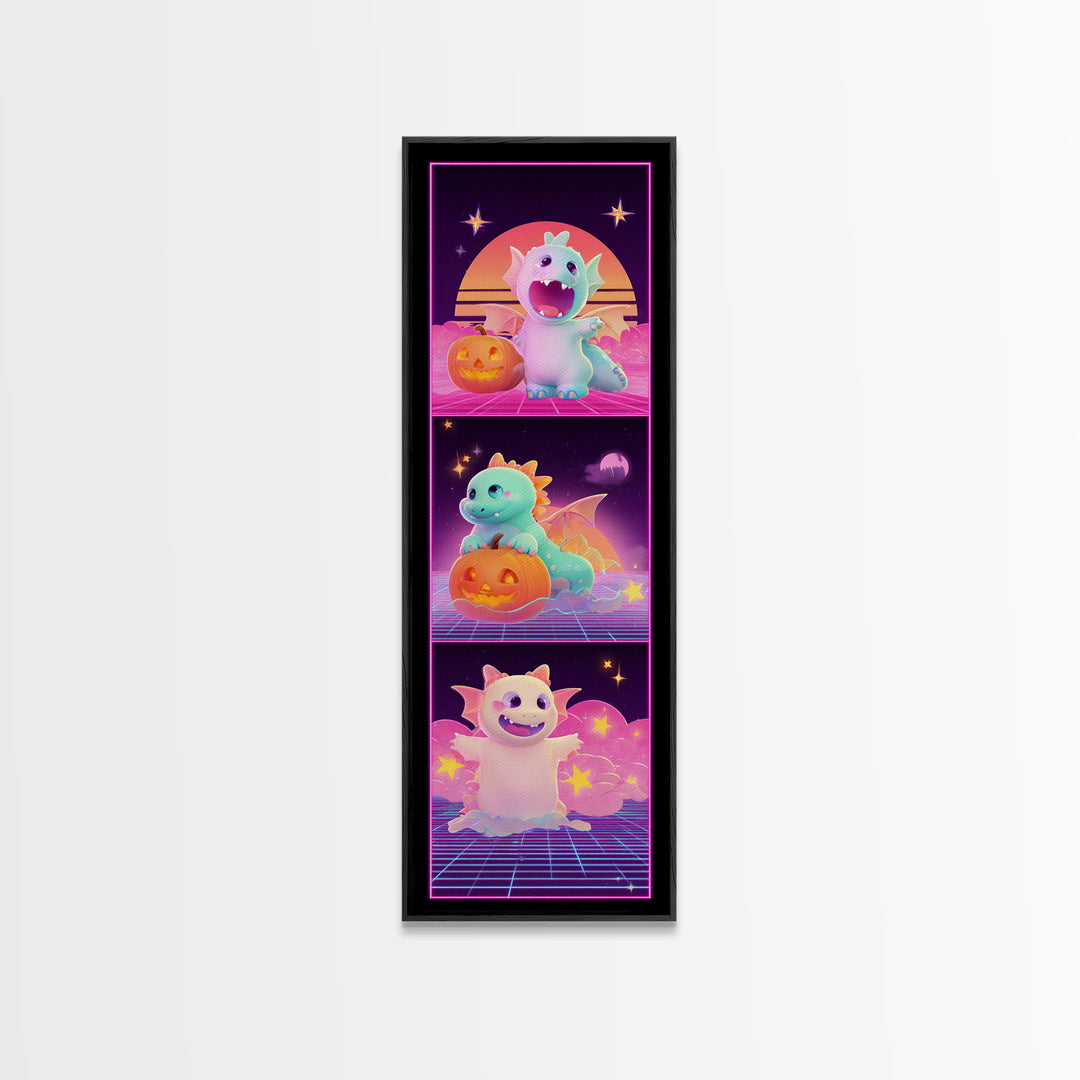 The Sleepy Costume Dragon, Synthwave Halloween Art, Tall Narrow Wall Art, Canvas Print, Retro Halloween Decor, Neon Wall Art