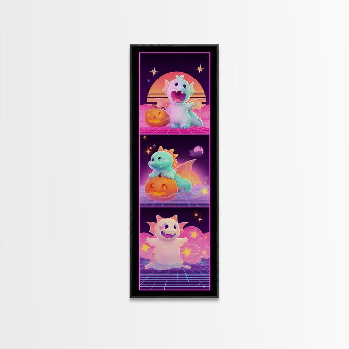 The Sleepy Costume Dragon, Synthwave Halloween Art, Tall Narrow Wall Art, Canvas Print, Retro Halloween Decor, Neon Wall Art