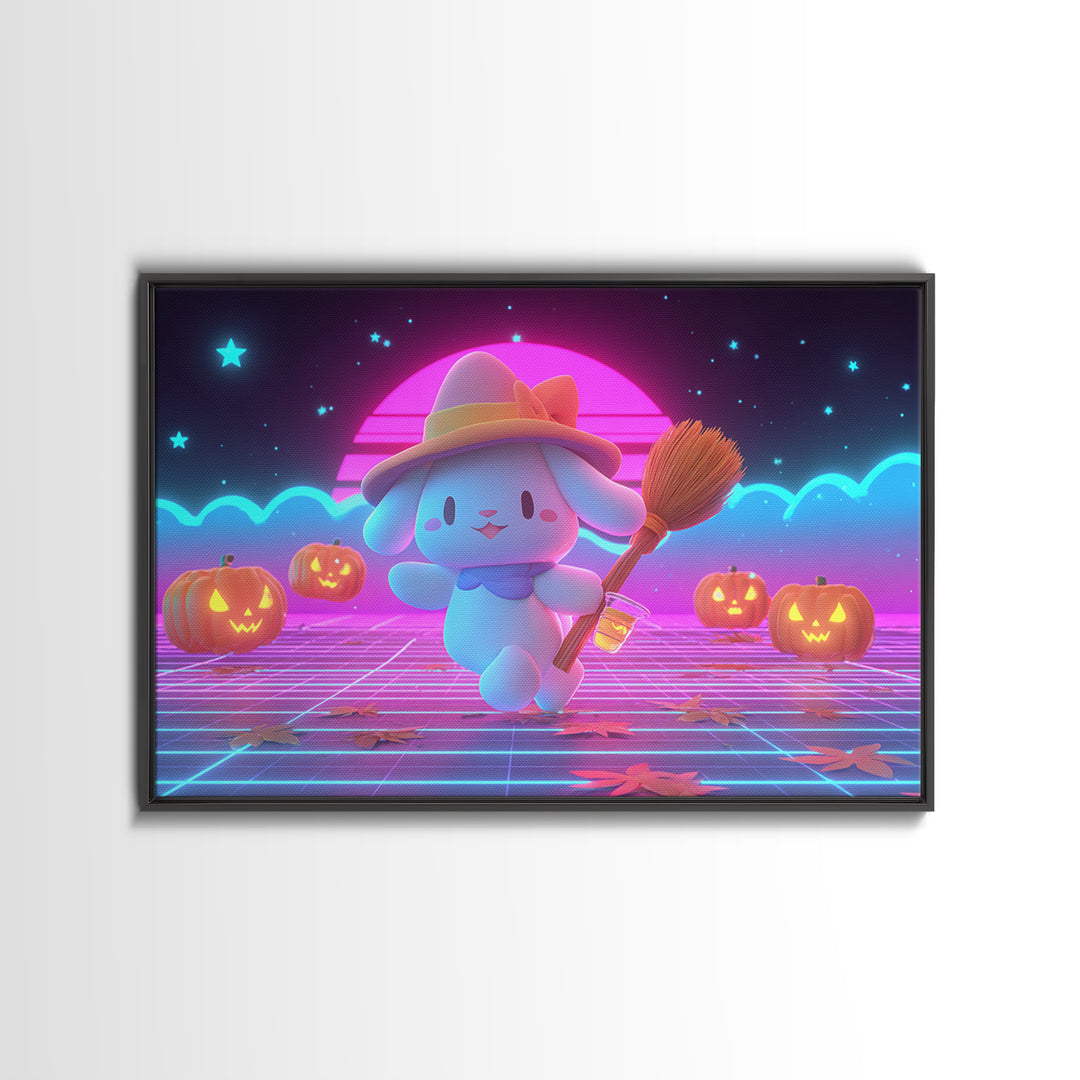 The Bunny Witch, Retro Neon Halloween Art, Landscape Wall Art, Framed Canvas Print, Retro Halloween Decor, Neon Wall Art