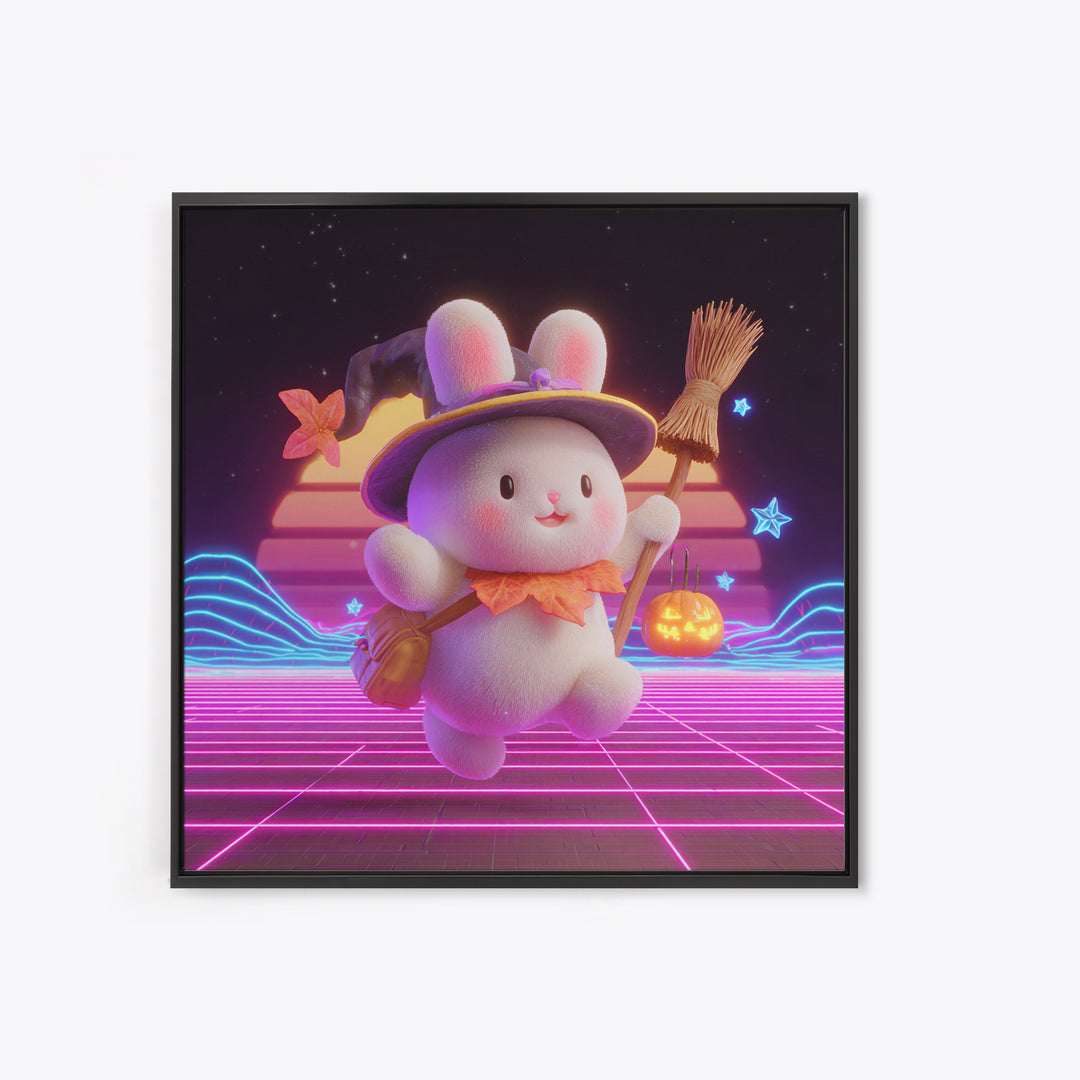The Bunny Witch, Retro Neon Halloween Art, Square Wall Art, Framed Canvas Print, Retro Halloween Decor, Neon Wall Art
