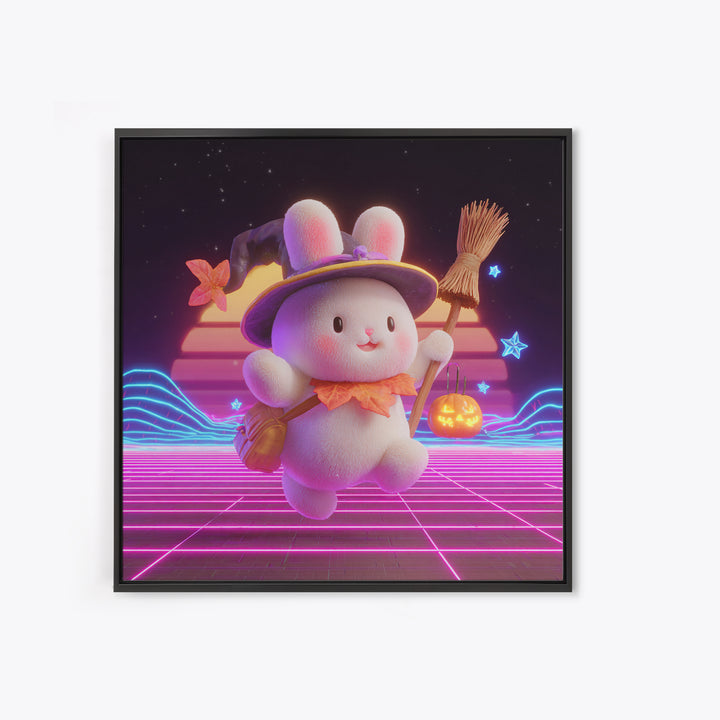 The Bunny Witch, Retro Neon Halloween Art, Square Wall Art, Framed Canvas Print, Retro Halloween Decor, Neon Wall Art