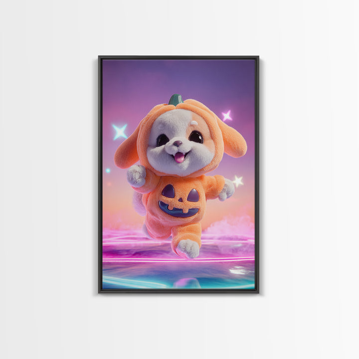 The Pumpkin Puppy, 80s Halloween Wall Art, Vertical Wall Art, Framed Canvas Print, Retro Halloween Decor, Neon Wall Art, Dark Fantasy Art