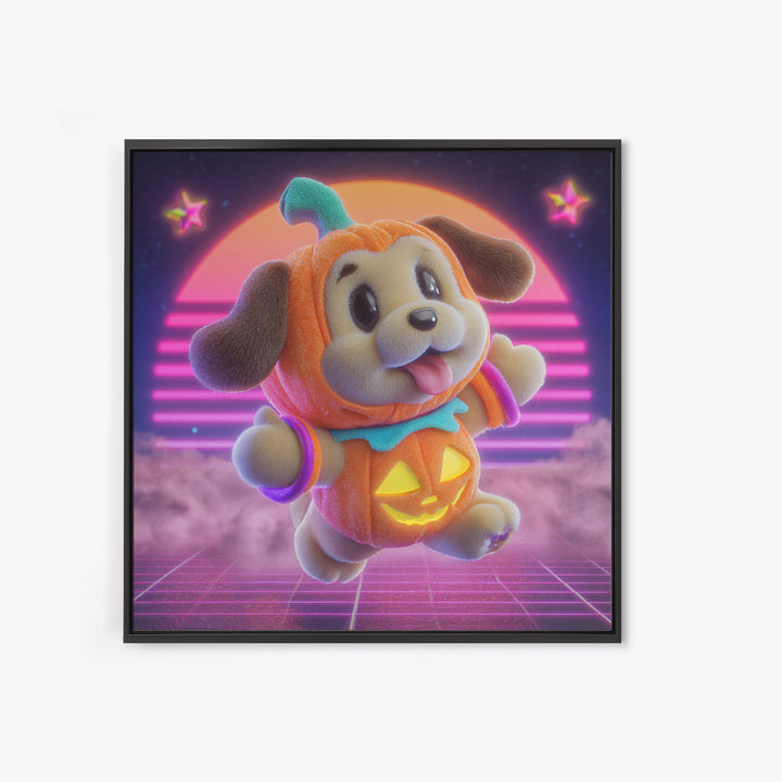 The Pumpkin Puppy, 80s Halloween Wall Art, Square Wall Art, Canvas Print, Retro Halloween Decor, Neon Wall Art, Collectible Wall Decor