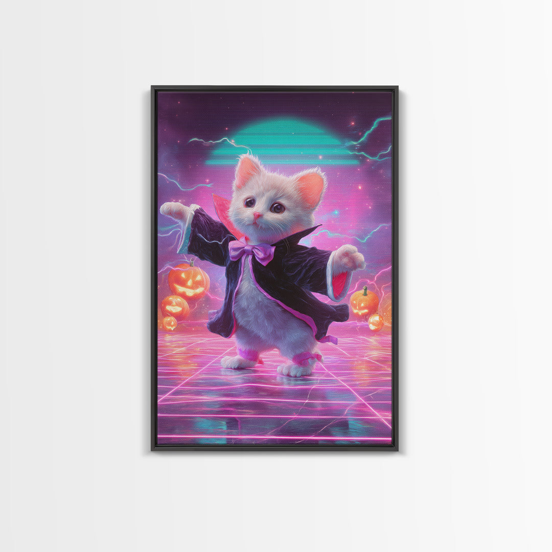 The Kitten Vampire, Cute Spooky Neon Art, Vertical Wall Art, Canvas Print, Retro Halloween Decor, Neon Wall Art, Horror Wall Art
