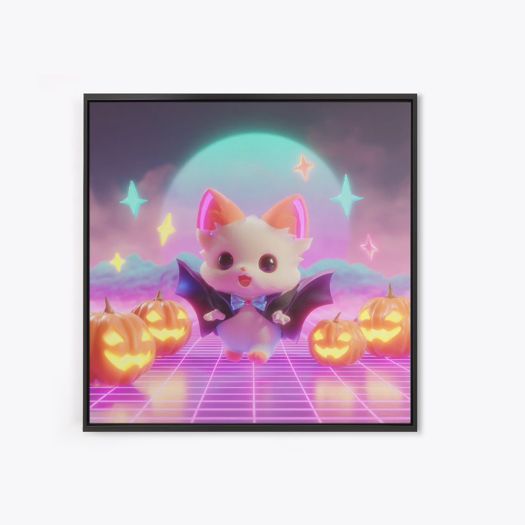 The Kitten Vampire, Vaporwave Halloween Decor, Square Wall Art, Canvas Print, Retro Halloween Decor, Neon Wall Art, Collectible Wall Decor