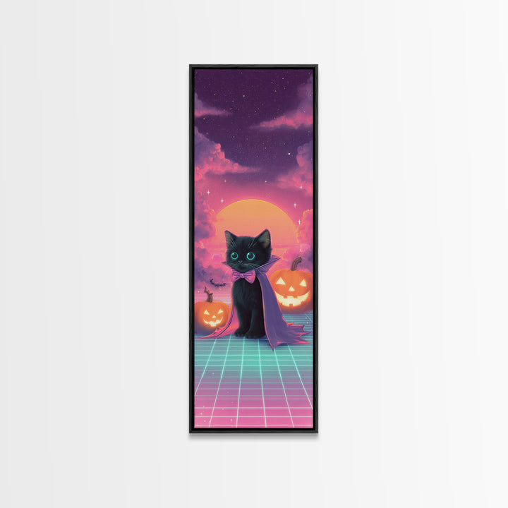 The Kitten Vampire, 80s Halloween Wall Art, Tall Narrow Wall Art, Framed Canvas Print, Retro Halloween Decor, Neon Wall Art