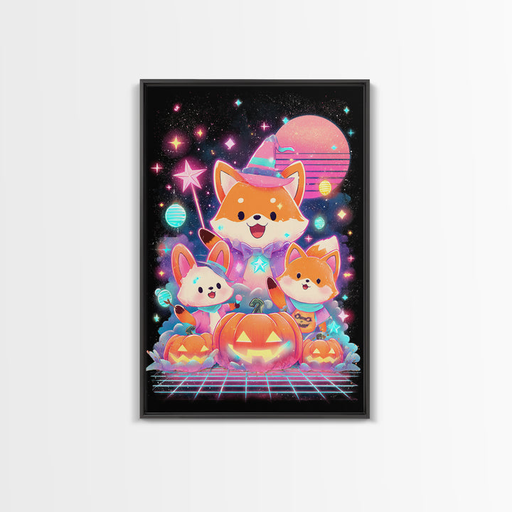 The Fox Wizard, Cute Spooky Neon Art, Vertical Wall Art, Framed Canvas Print, Retro Halloween Decor, Neon Wall Art, Horror Wall Art