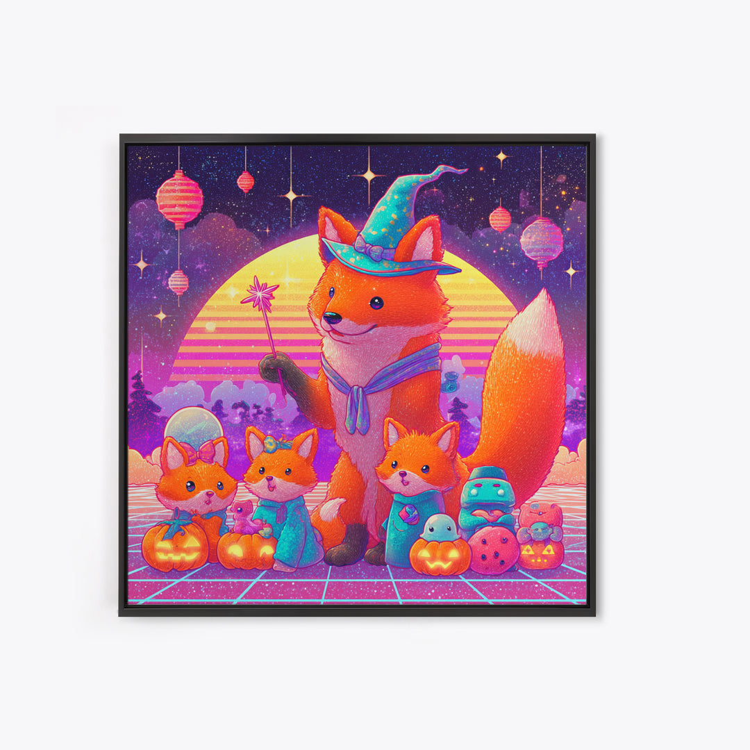 The Fox Wizard, 80s Halloween Wall Art, Square Wall Art, Framed Canvas Print, Retro Halloween Decor, Neon Wall Art, Gothic Home Decor