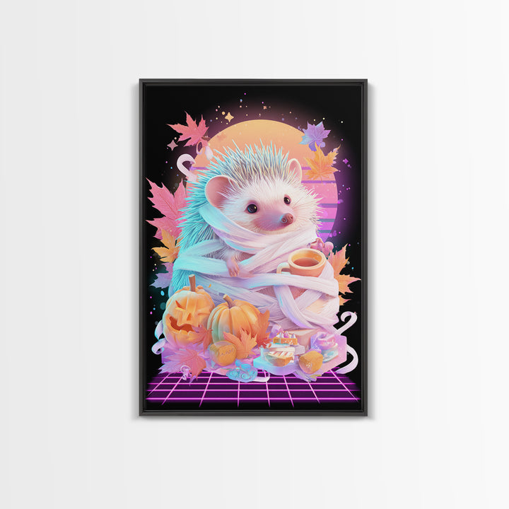 The Hedgehog Mummy, Retro Neon Halloween Art, Vertical Wall Art, Canvas Print, Retro Halloween Decor, Neon Wall Art, Macabre Wall Art