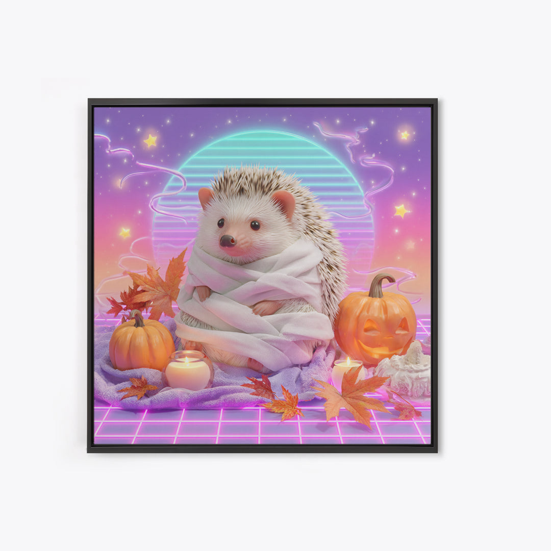 The Hedgehog Mummy, Retro Neon Halloween Art, Square Wall Art, Framed Canvas Print, Retro Halloween Decor, Neon Wall Art