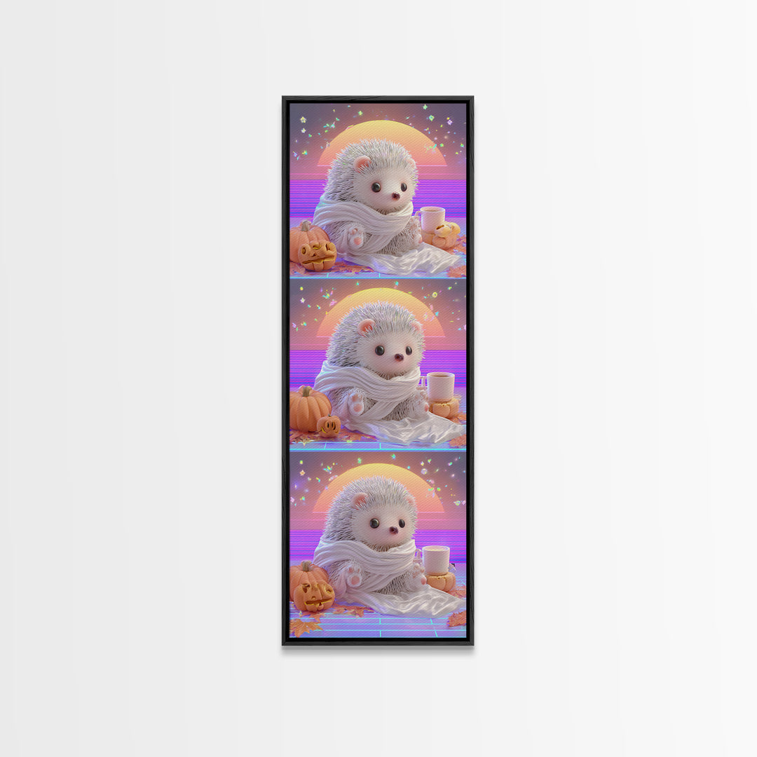 The Hedgehog Mummy, 80s Halloween Wall Art, Tall Narrow Wall Art, Framed Canvas Print, Retro Halloween Decor, Neon Wall Art